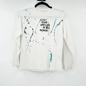 Zara Unisex Kids White Splatter Paint Long Sleeve Top T Shirt Size 9